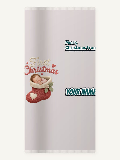 Baby In A Christmas Stocking Personalised Beach Towel
