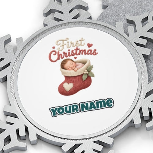 Baby In A Christmas Stocking Personalised Pewter Christmas Ornament
