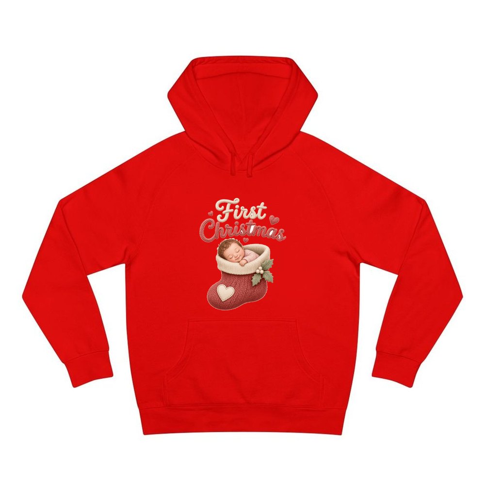 Baby In A Christmas Stocking personalised Christmas hoodie in red