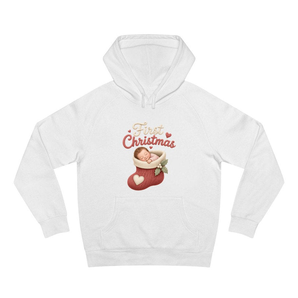 Baby In A Christmas Stocking personalised Christmas hoodie in white