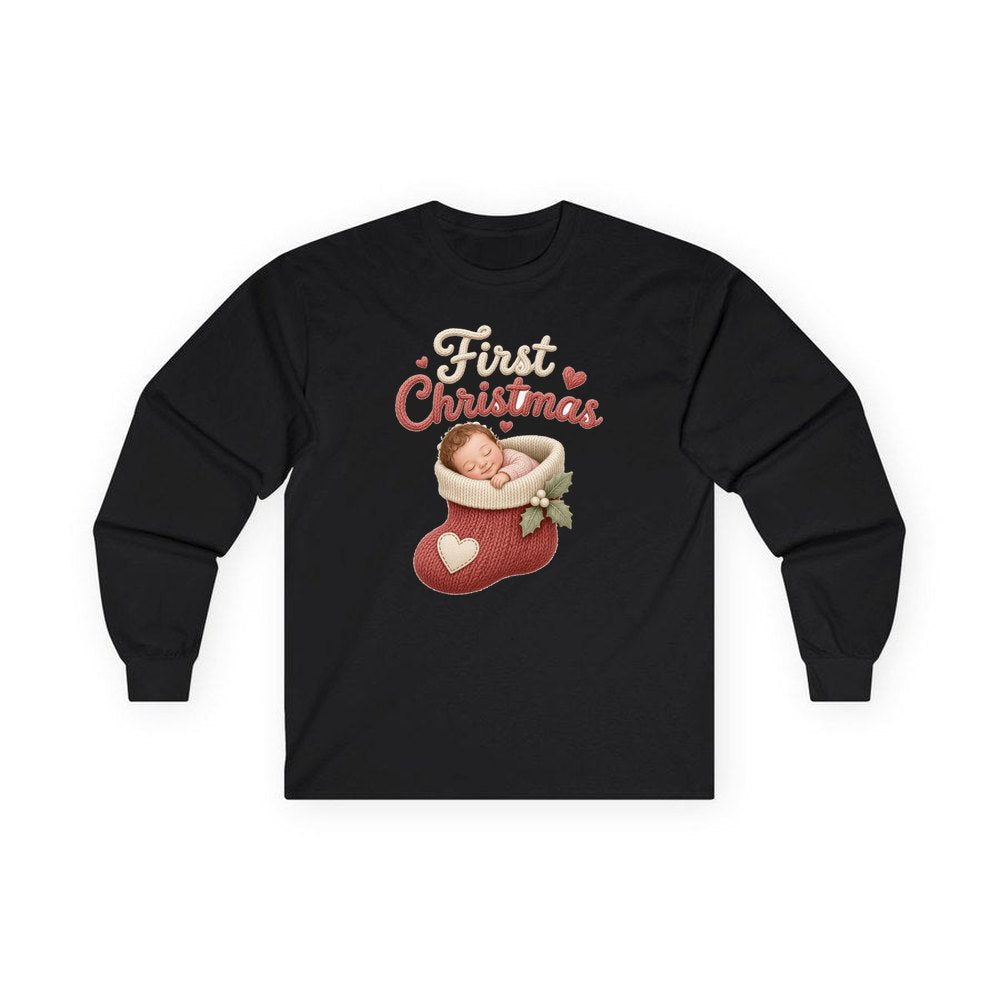 Baby In A Christmas Stocking personalised long sleeve Christmas T-shirt in black