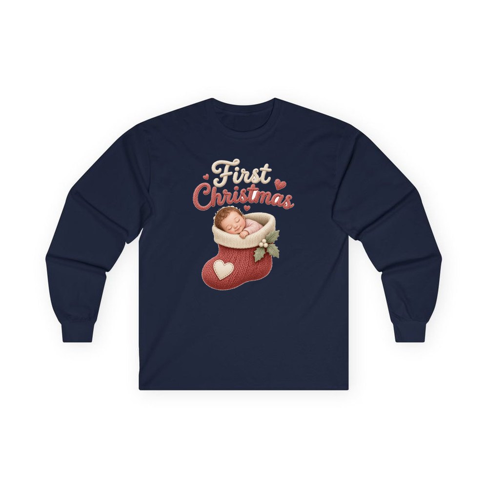 Baby In A Christmas Stocking personalised long sleeve Christmas T-shirt in navy