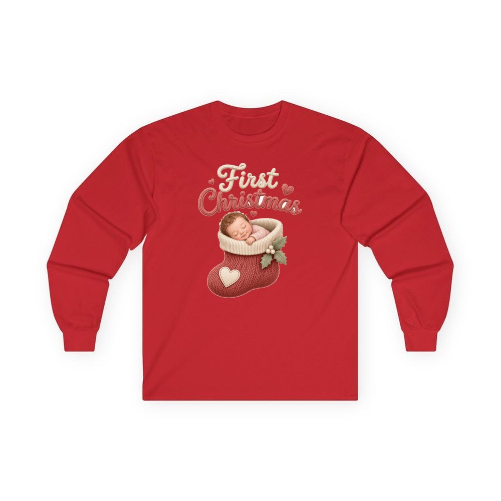 Baby In A Christmas Stocking personalised long sleeve Christmas T-shirt in red