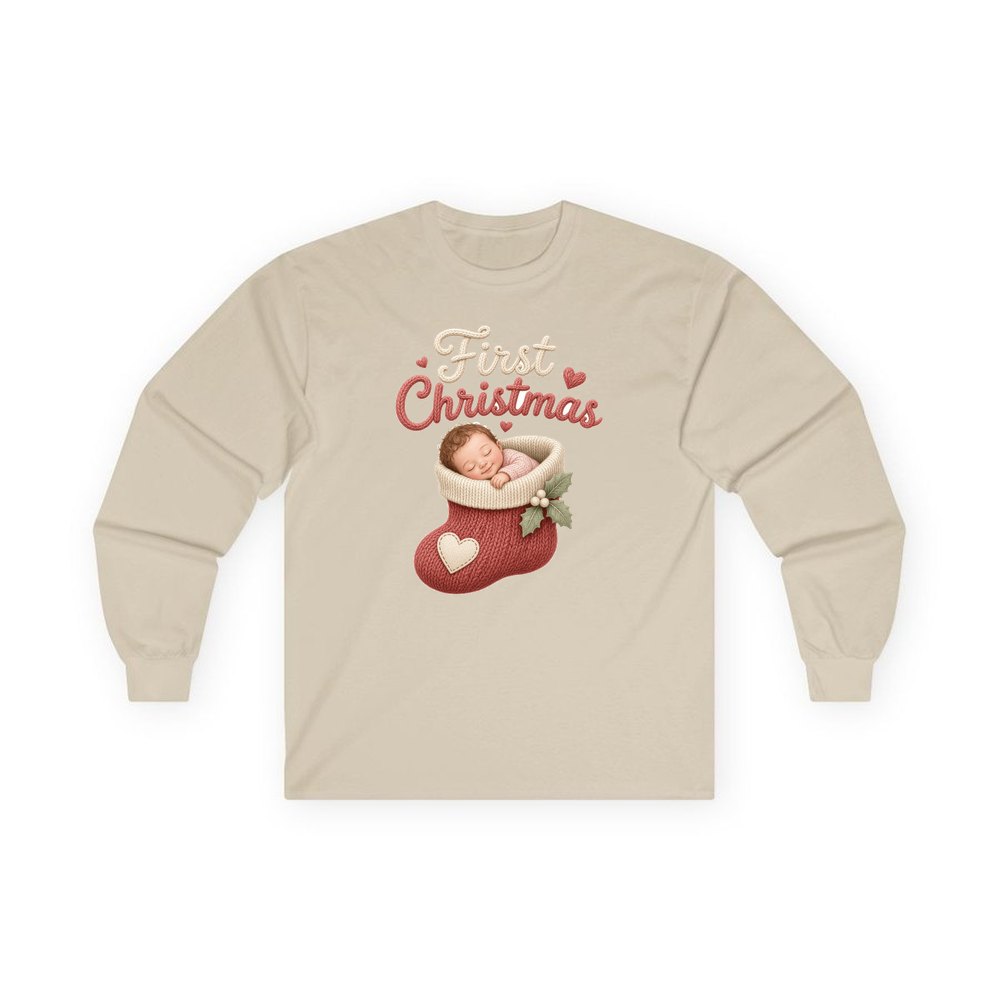 Baby In A Christmas Stocking personalised long sleeve Christmas T-shirt in sand