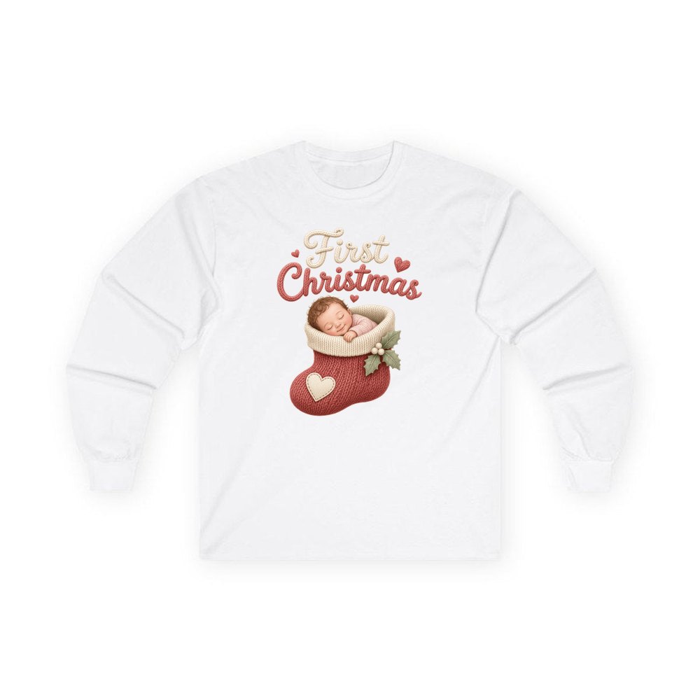 Baby In A Christmas Stocking personalised long sleeve Christmas T-shirt in white