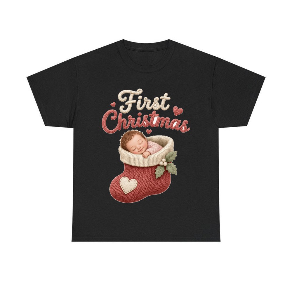 Baby In A Christmas Stocking personalised Christmas T-shirt in black