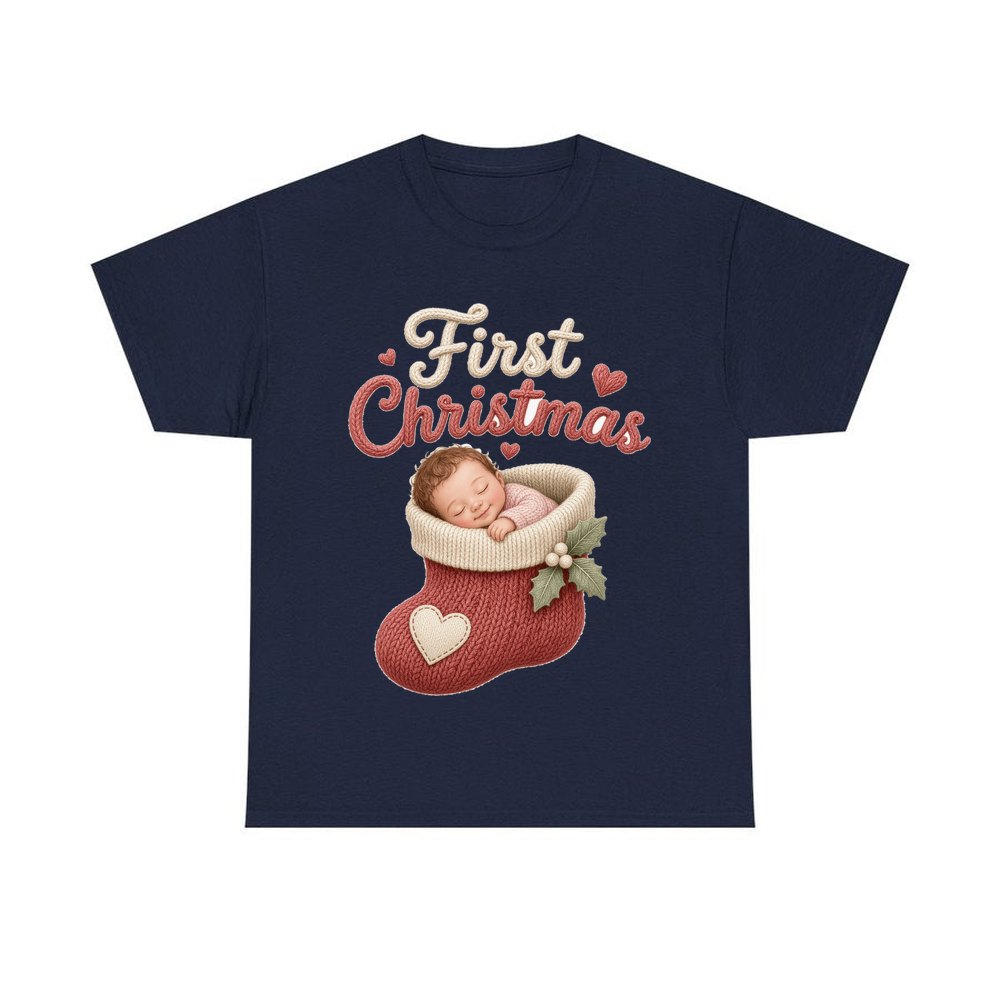 Baby In A Christmas Stocking personalised Christmas T-shirt in navy