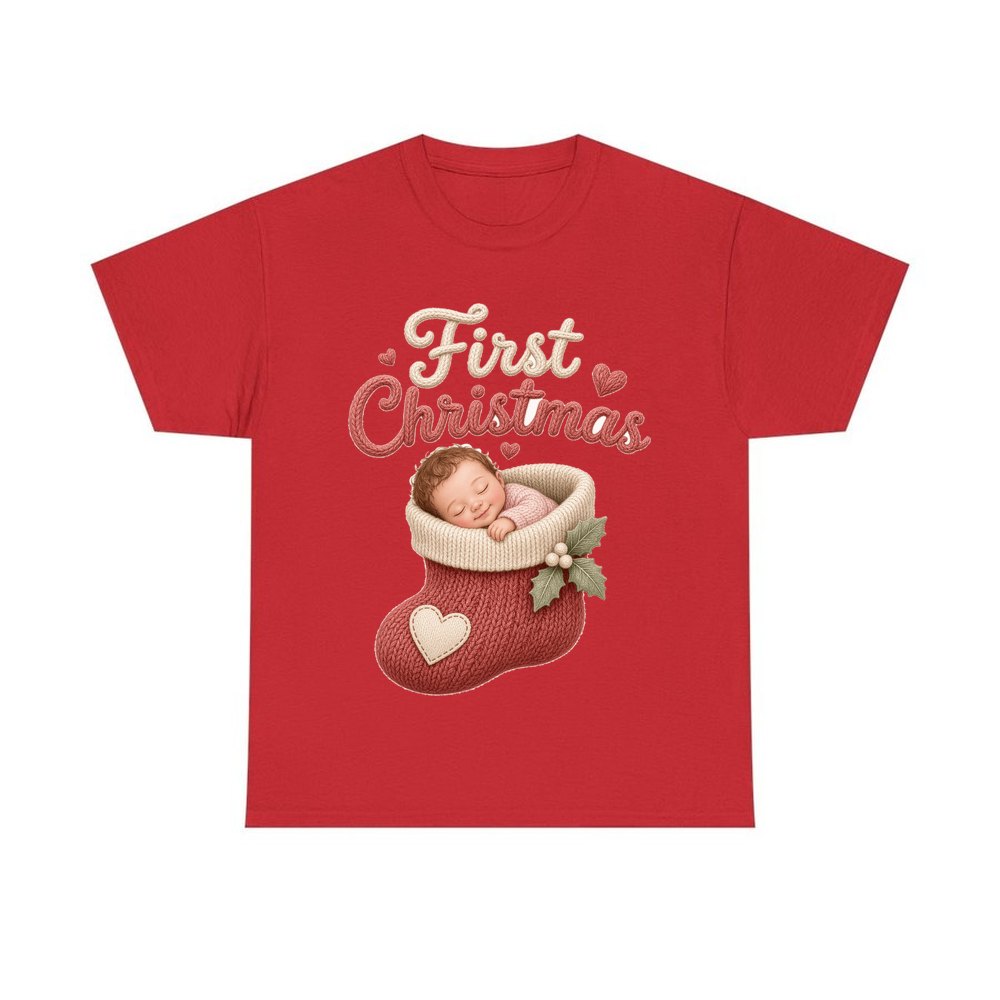 Baby In A Christmas Stocking personalised Christmas T-shirt in red