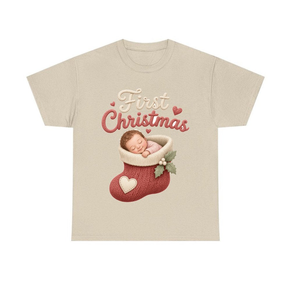Baby In A Christmas Stocking personalised Christmas T-shirt in sand