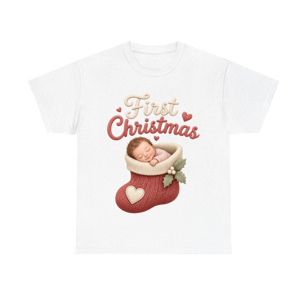 Baby In A Christmas Stocking personalised Christmas T-shirt in white