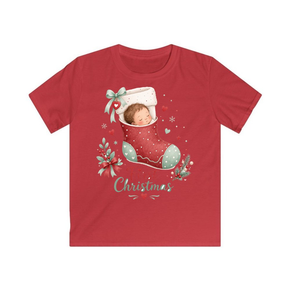 Baby in a Stocking personalised kids Christmas tee in red
