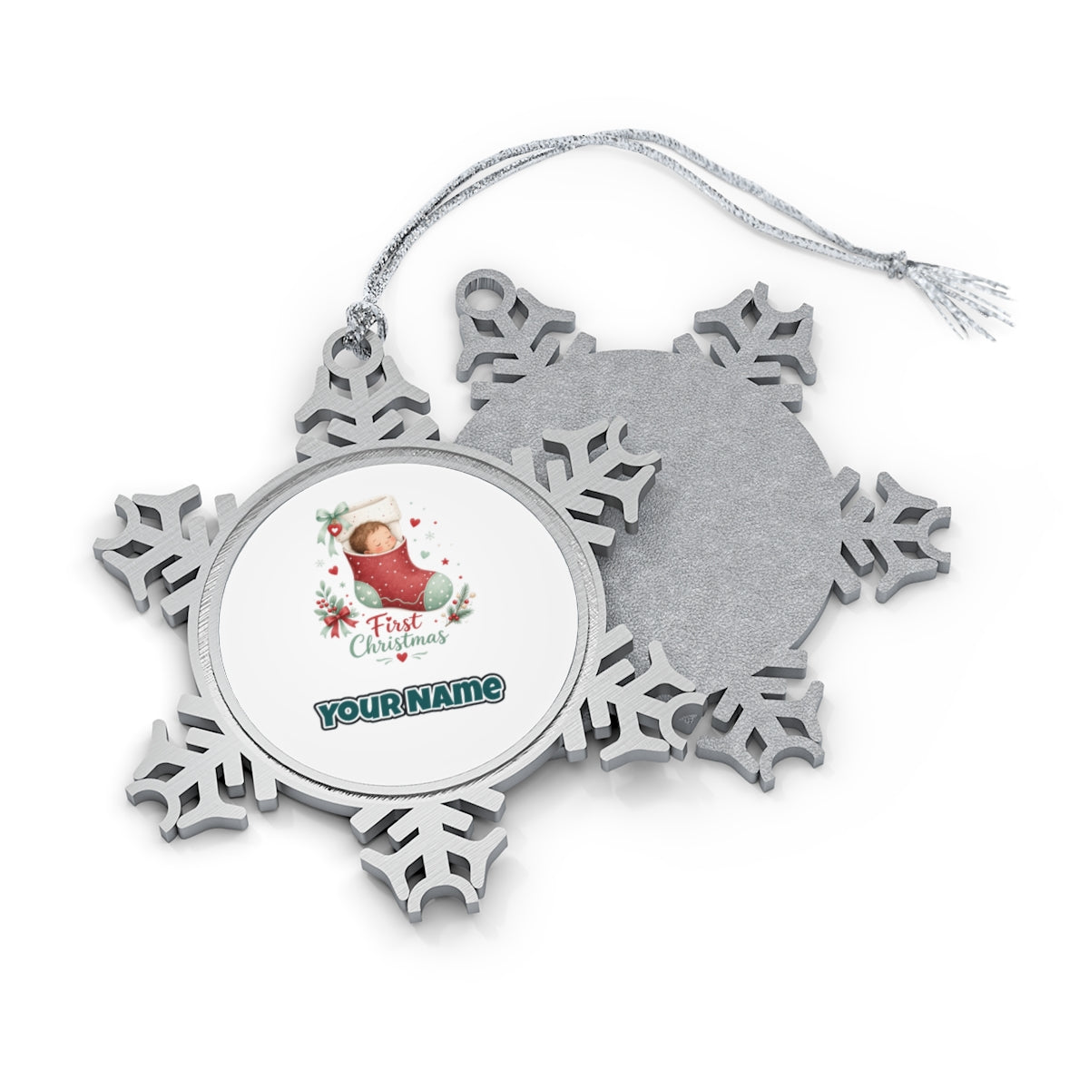 Baby in a Stocking personalised pewter snowflake Christmas ornament, front and back, with a name under the design