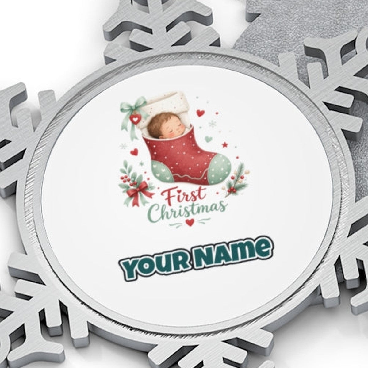 Baby in a Stocking Personalised Pewter Christmas Ornament