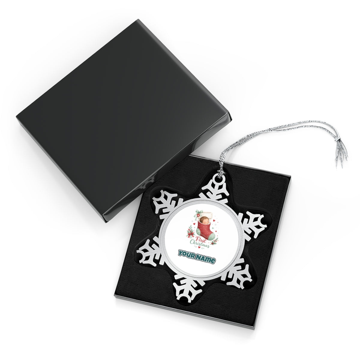 Baby in a Stocking Personalised Pewter Christmas Ornament