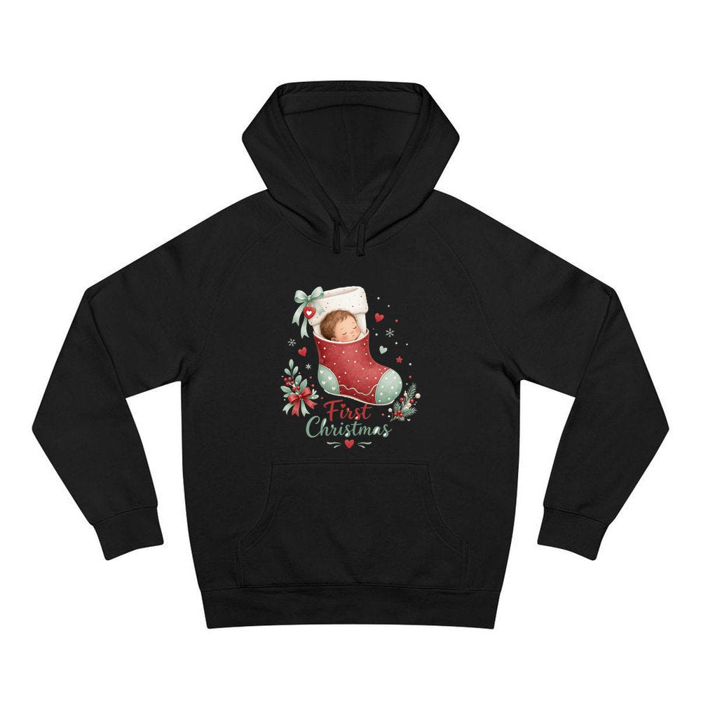 Baby in a Stocking personalised Christmas hoodie in black