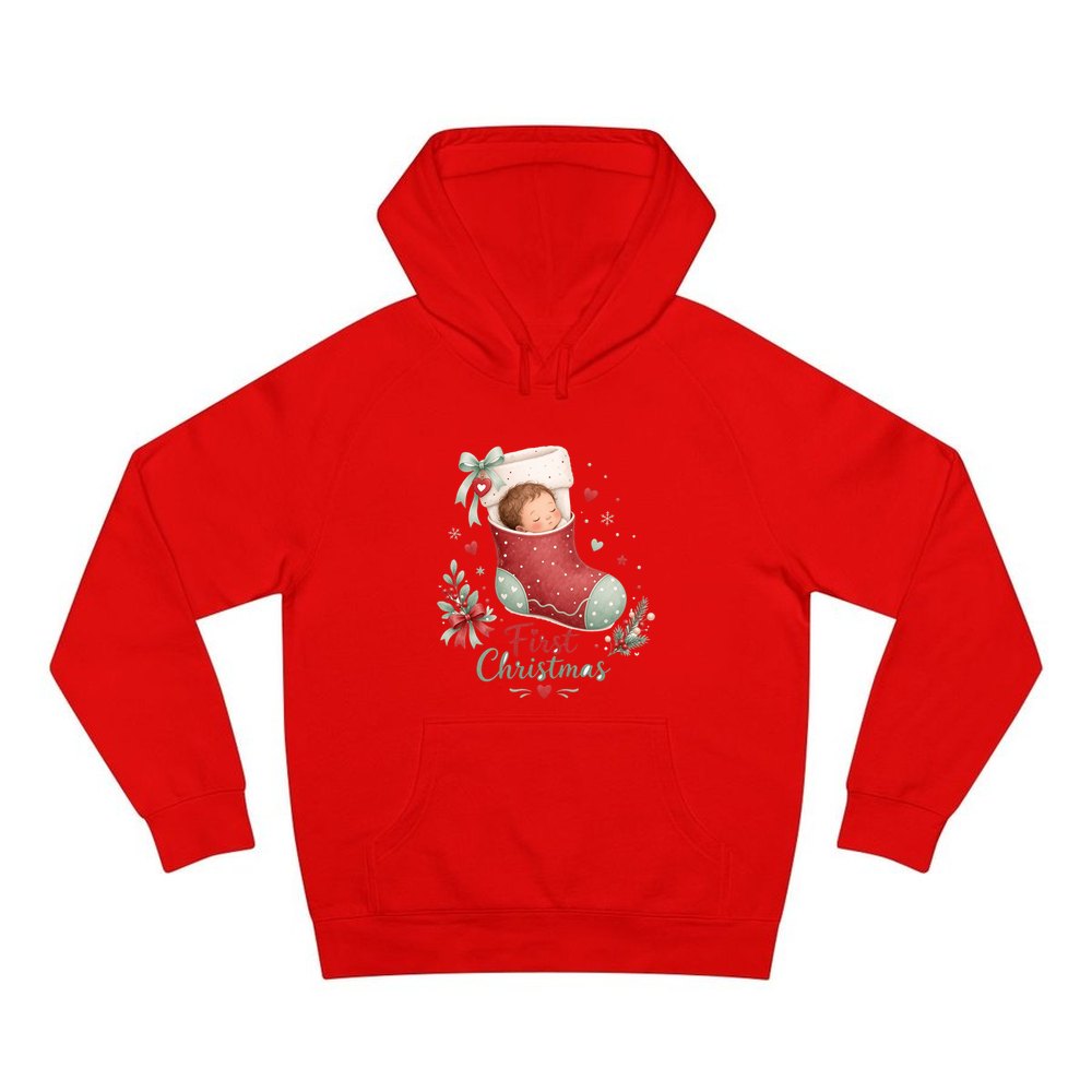 Baby in a Stocking personalised Christmas hoodie in red