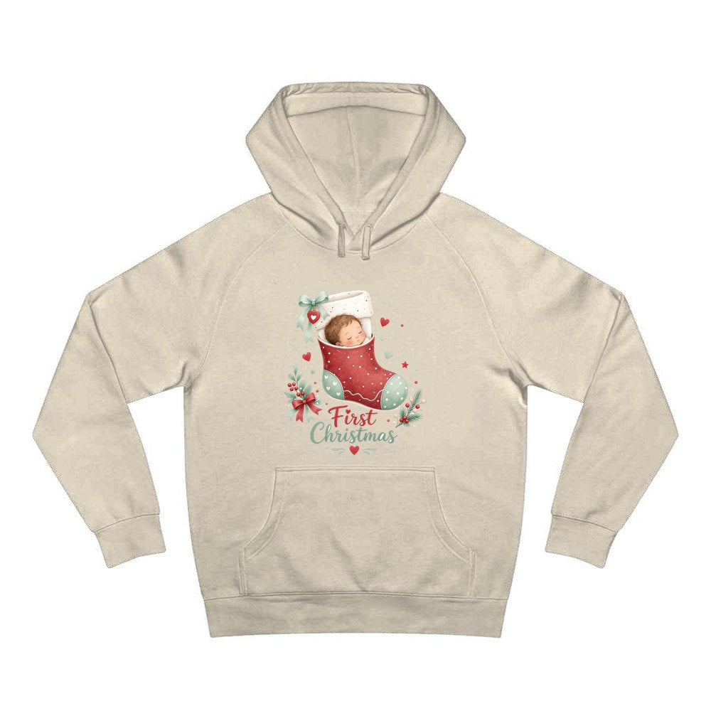 Baby in a Stocking personalised Christmas hoodie in sand