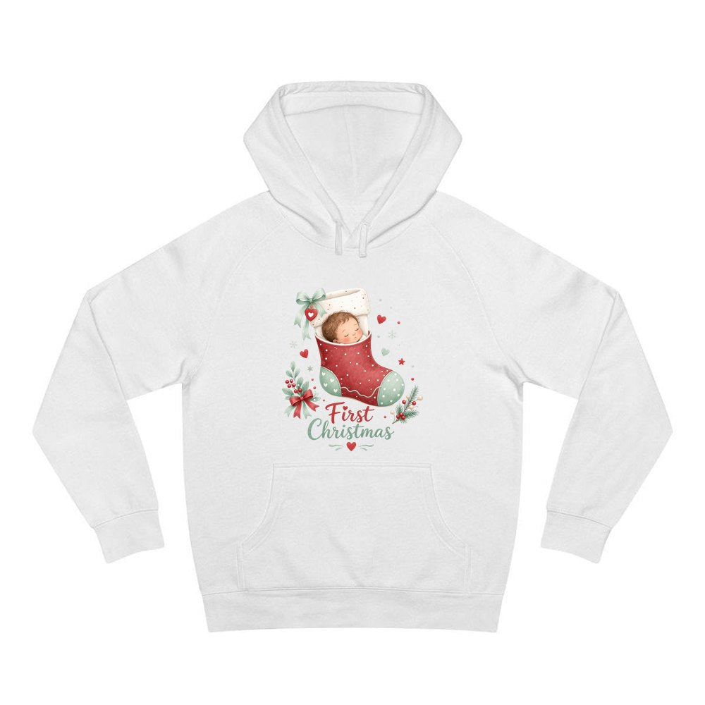 Baby in a Stocking personalised Christmas hoodie in white