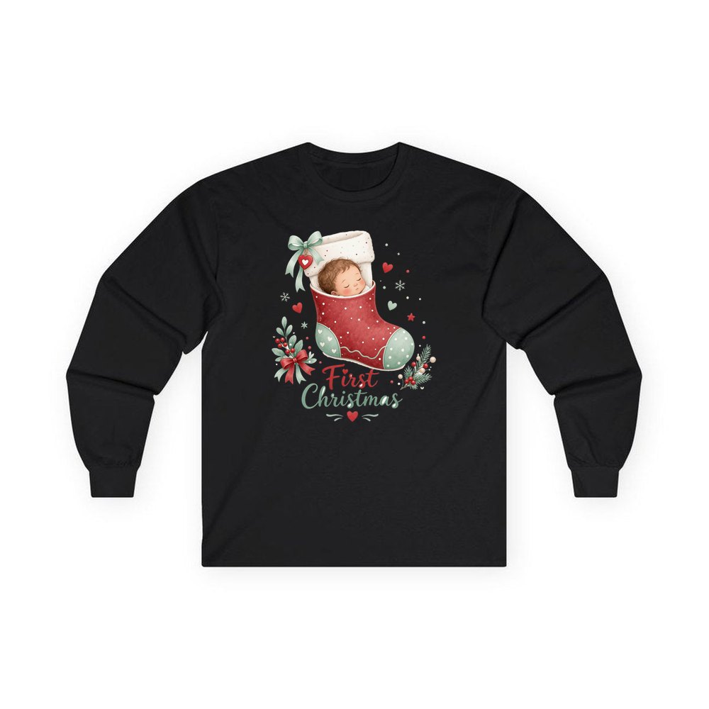 Baby in a Stocking personalised long sleeve Christmas T-shirt in black