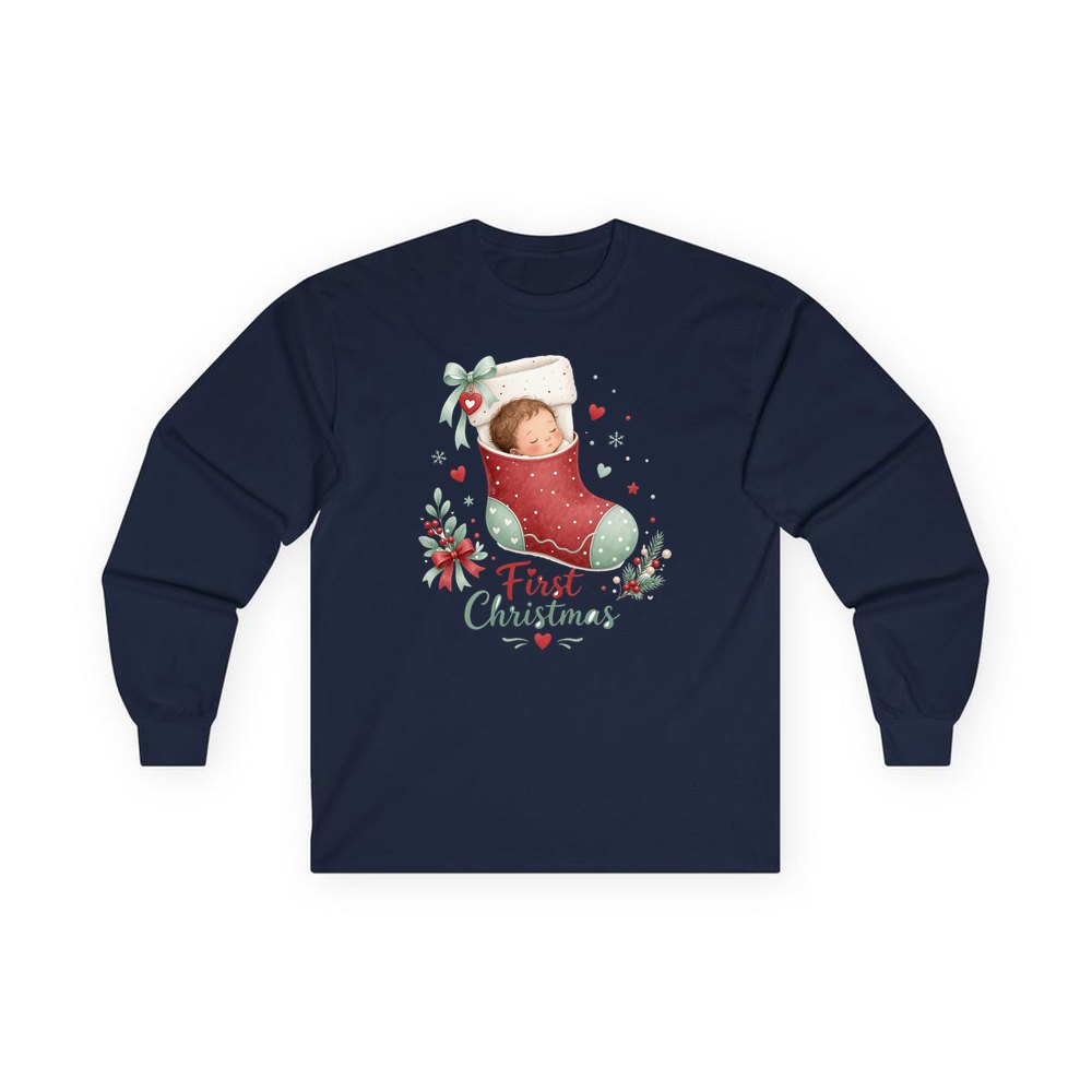 Baby in a Stocking personalised long sleeve Christmas T-shirt in navy