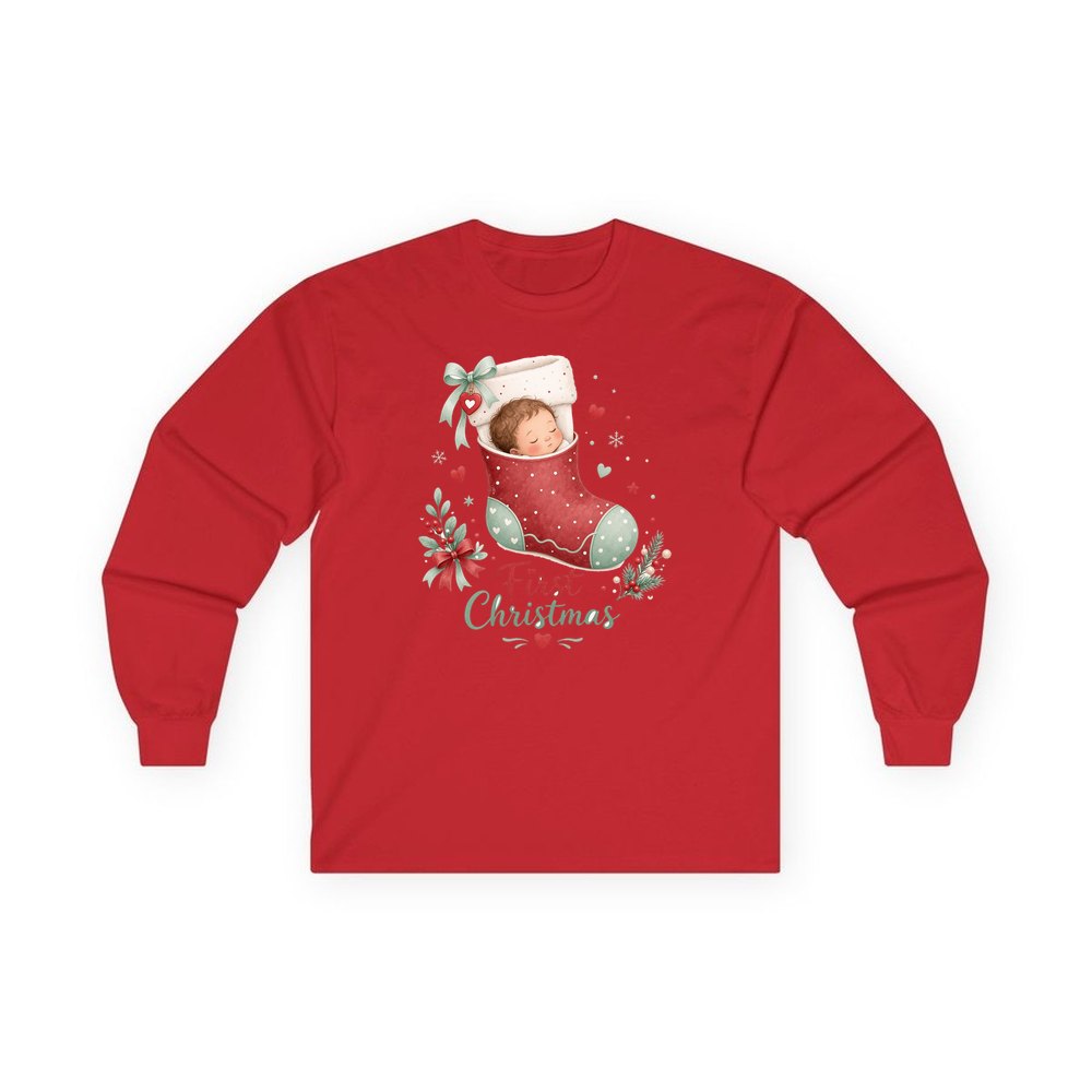 Baby in a Stocking personalised long sleeve Christmas T-shirt in red