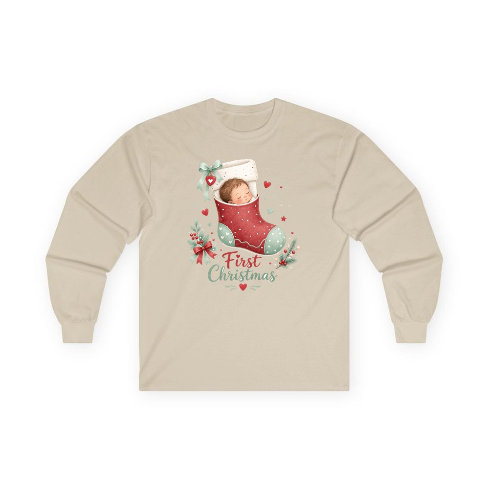 Baby in a Stocking personalised long sleeve Christmas T-shirt in sand