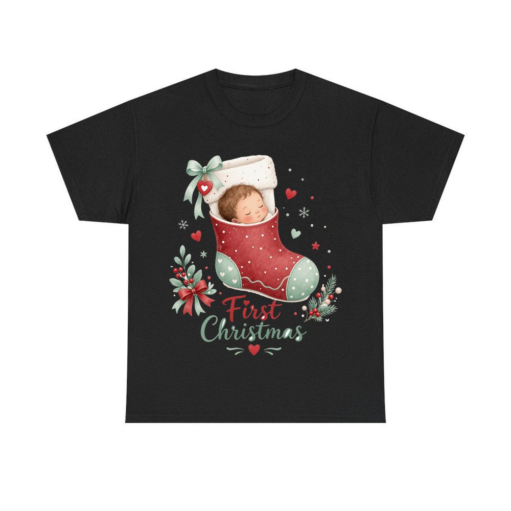 Baby in a Stocking personalised Christmas T-shirt in black