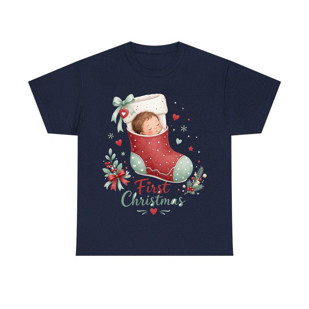 Baby in a Stocking personalised Christmas T-shirt in navy