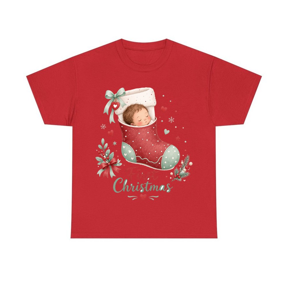 Baby in a Stocking personalised Christmas T-shirt in red