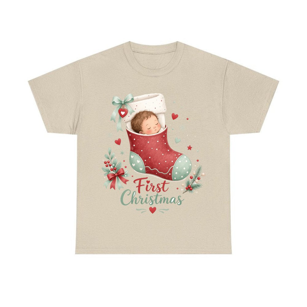 Baby in a Stocking personalised Christmas T-shirt in sand