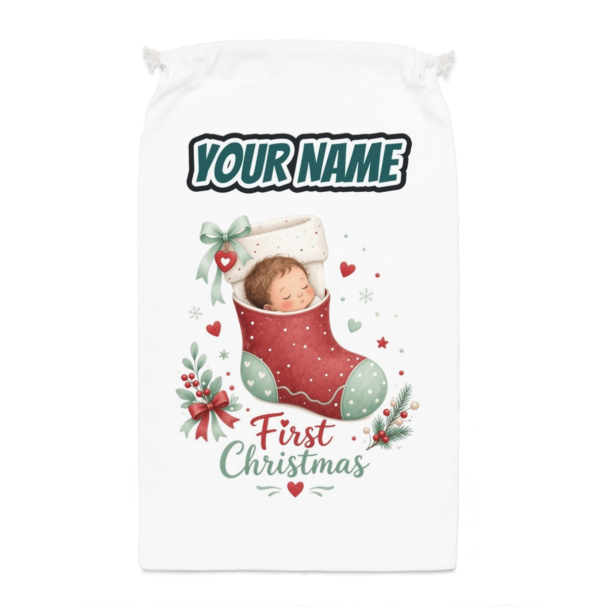 Baby in a Stocking Santa sack laid flat, showing the full print