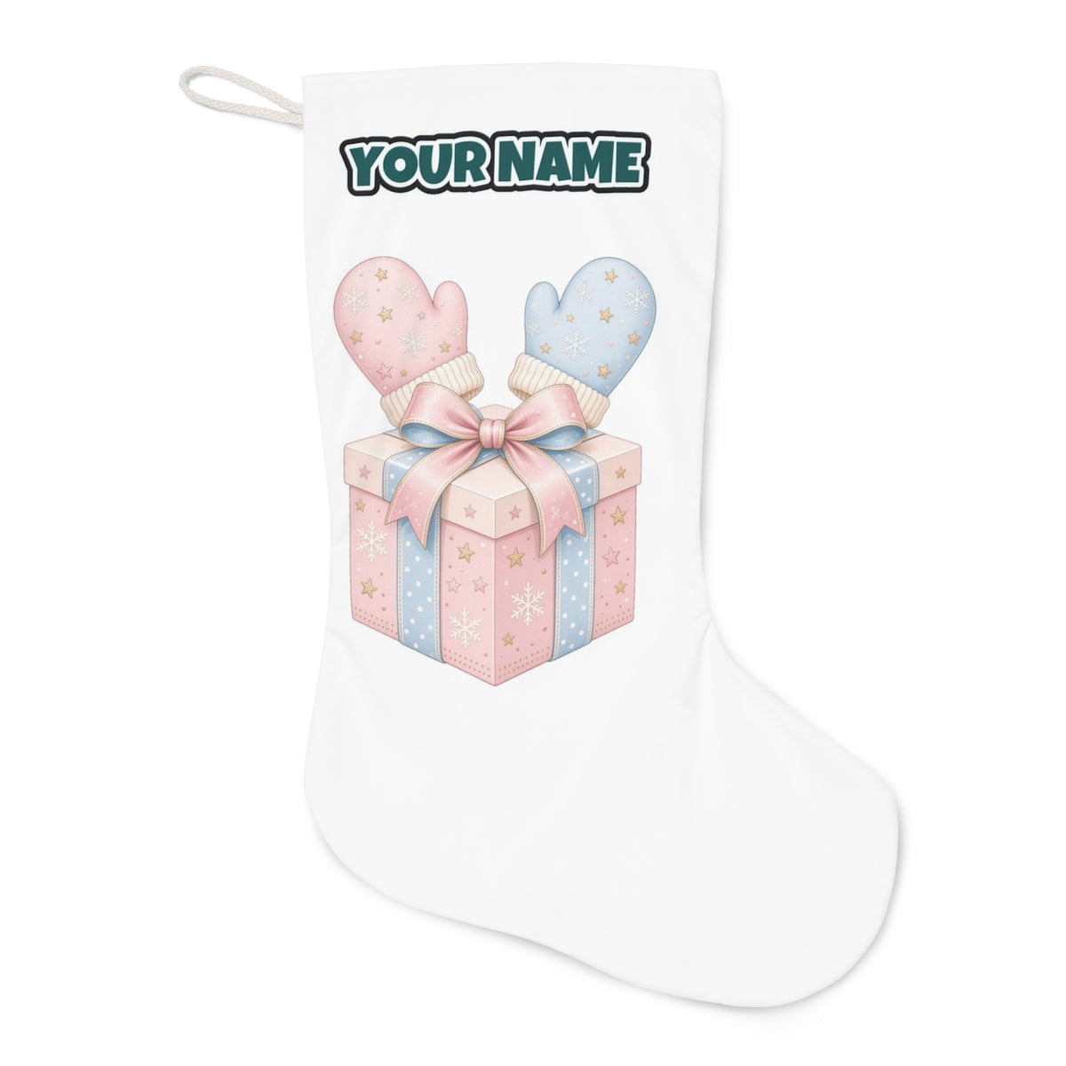 Baby Mittens Gift Box Christmas stocking laid flat, showing the full print