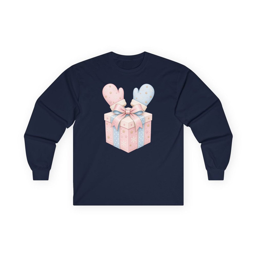 Baby Mittens Gift Box personalised long sleeve Christmas T-shirt in navy