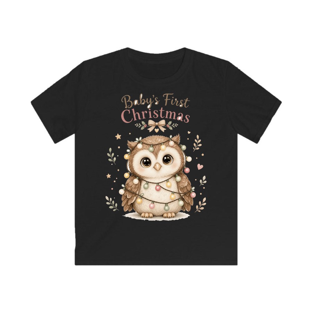 Baby Owl in Fairy Lights personalised kids Christmas tee in black