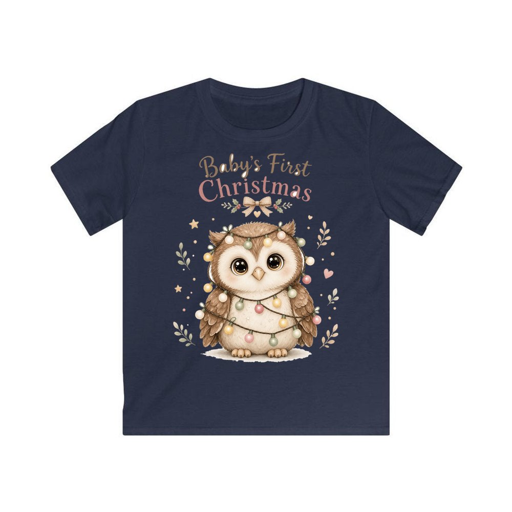 Baby Owl in Fairy Lights personalised kids Christmas tee in navy