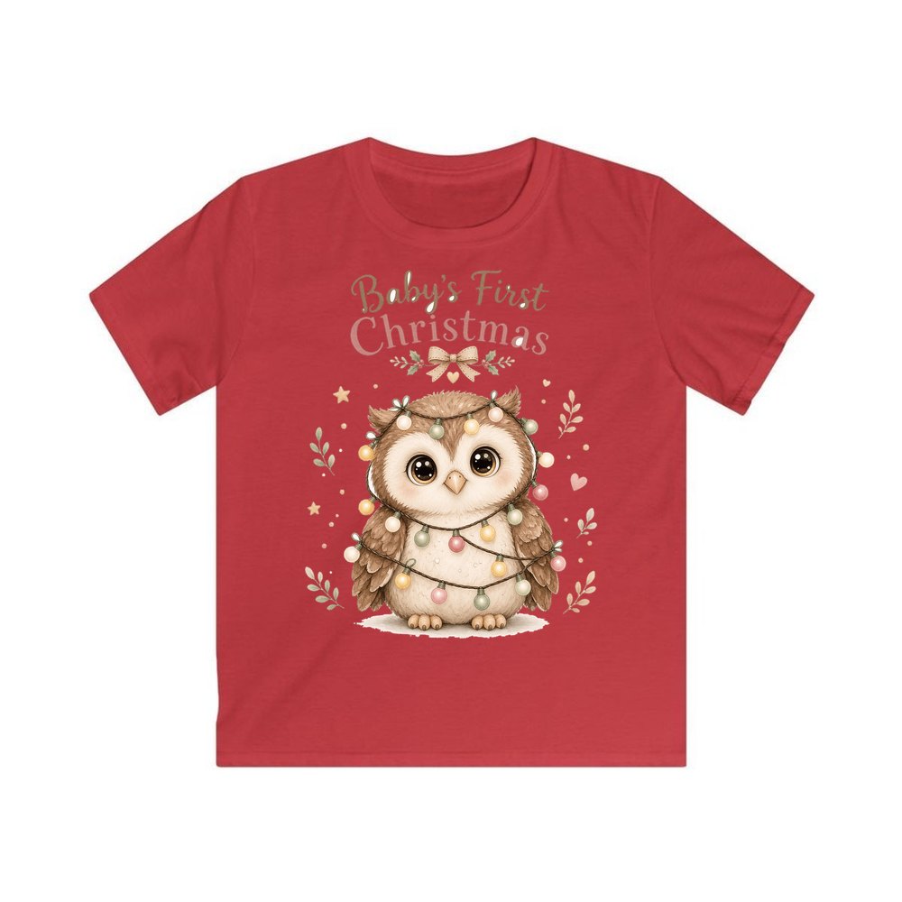 Baby Owl in Fairy Lights personalised kids Christmas tee in red