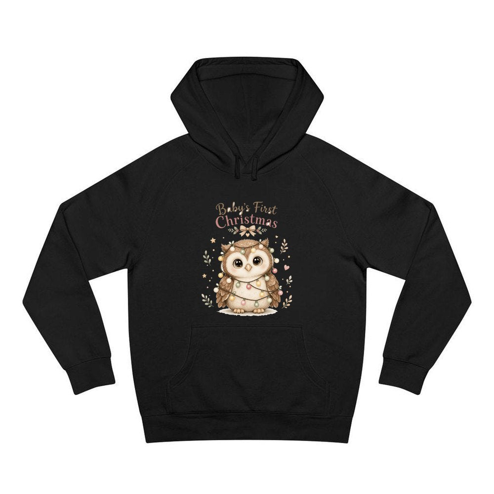 Baby Owl in Fairy Lights personalised Christmas hoodie in black