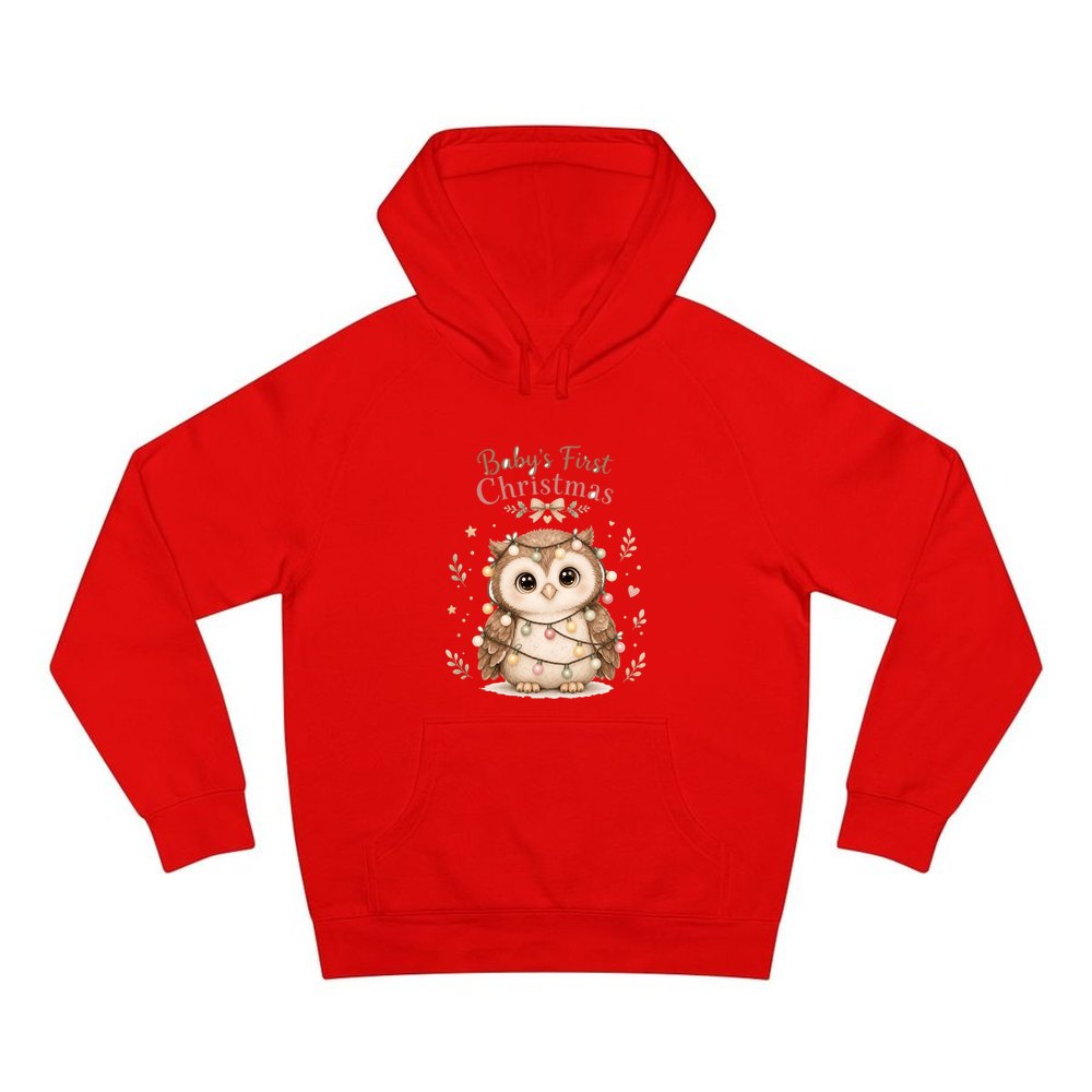 Baby Owl in Fairy Lights personalised Christmas hoodie in red