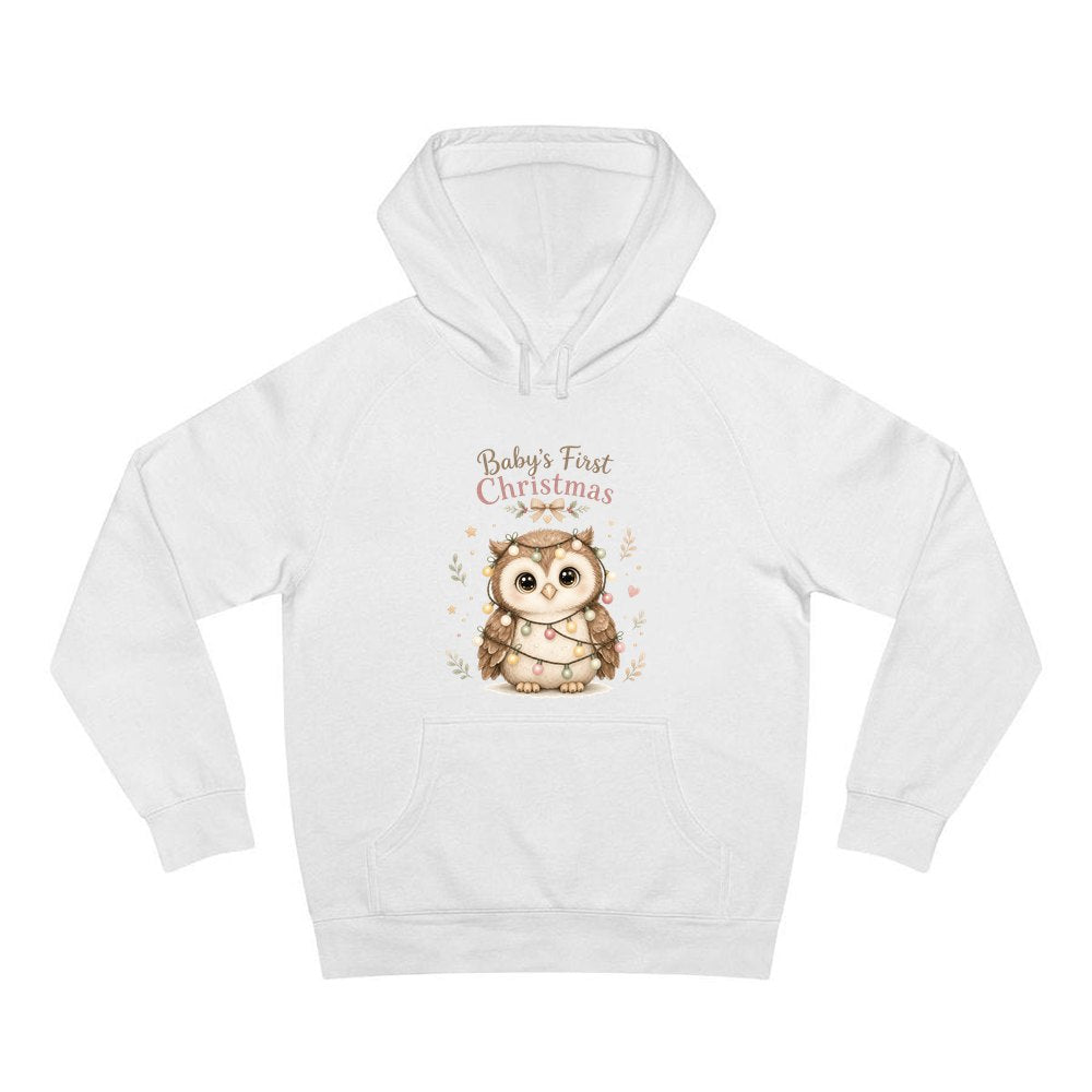 Baby Owl in Fairy Lights personalised Christmas hoodie in white