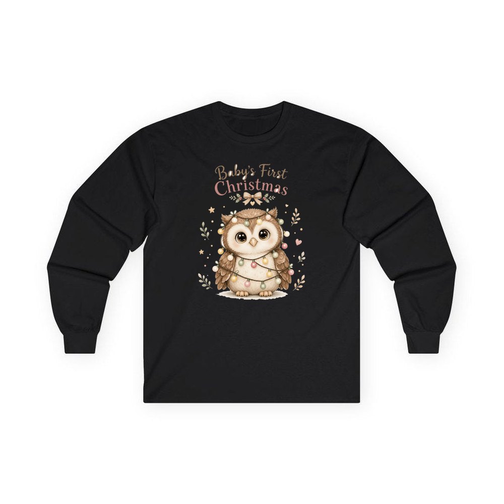 Baby Owl in Fairy Lights personalised long sleeve Christmas T-shirt in black