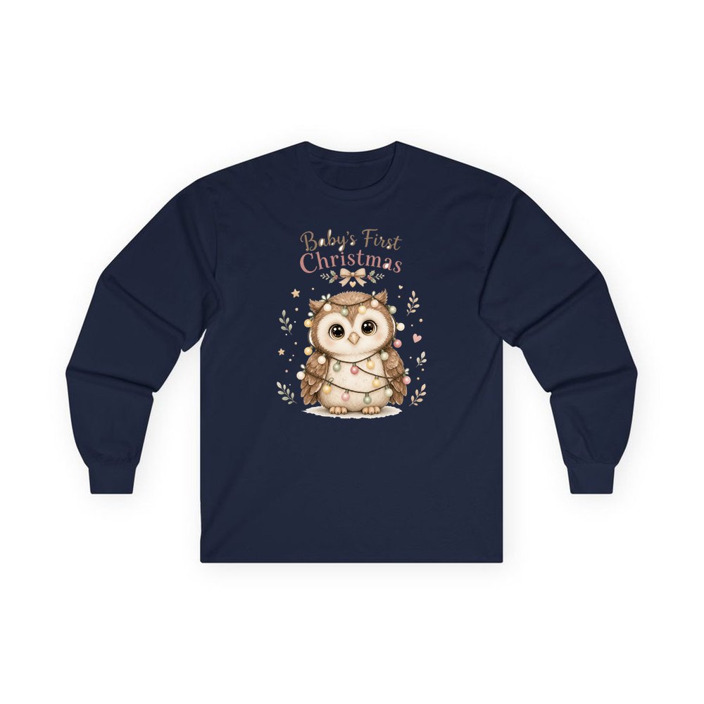 Baby Owl in Fairy Lights personalised long sleeve Christmas T-shirt in navy