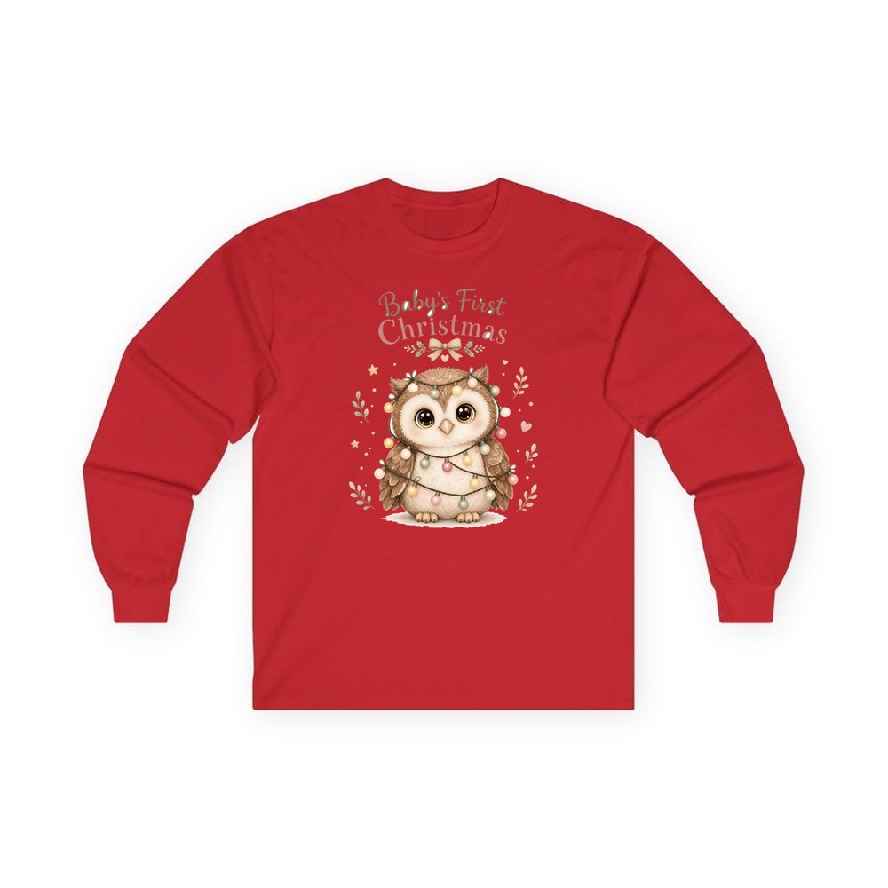 Baby Owl in Fairy Lights personalised long sleeve Christmas T-shirt in red