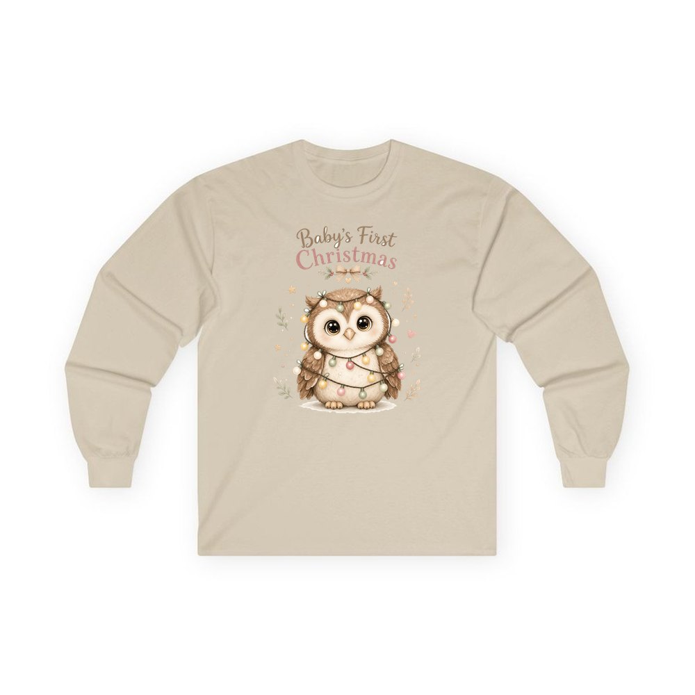 Baby Owl in Fairy Lights personalised long sleeve Christmas T-shirt in sand