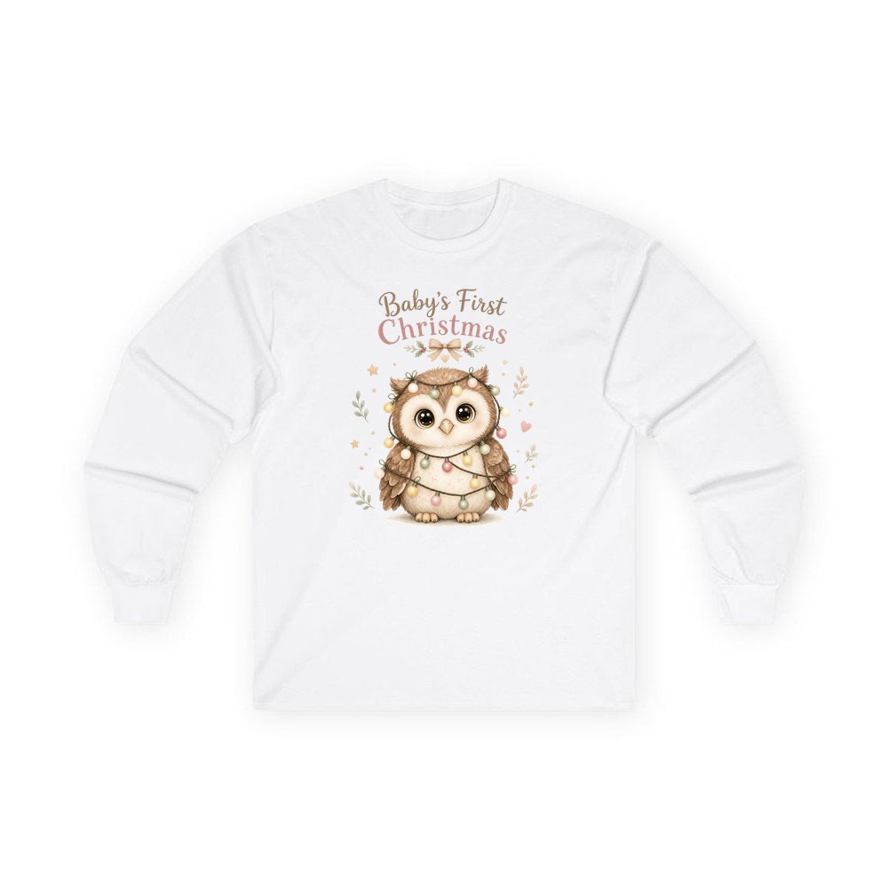 Baby Owl in Fairy Lights personalised long sleeve Christmas T-shirt in white