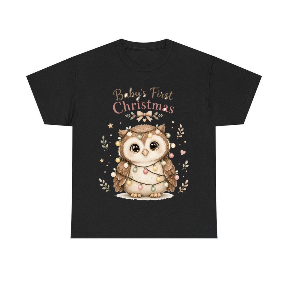 Baby Owl in Fairy Lights personalised Christmas T-shirt in black