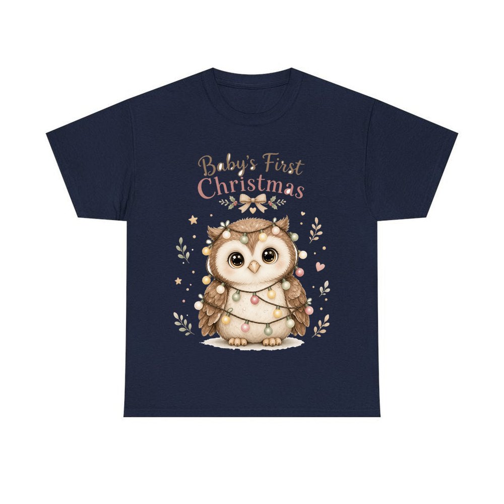 Baby Owl in Fairy Lights personalised Christmas T-shirt in navy