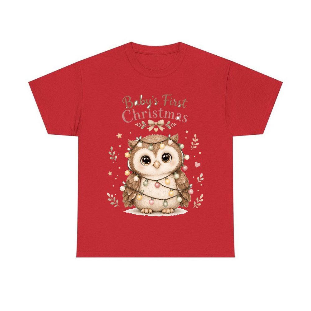 Baby Owl in Fairy Lights personalised Christmas T-shirt in red
