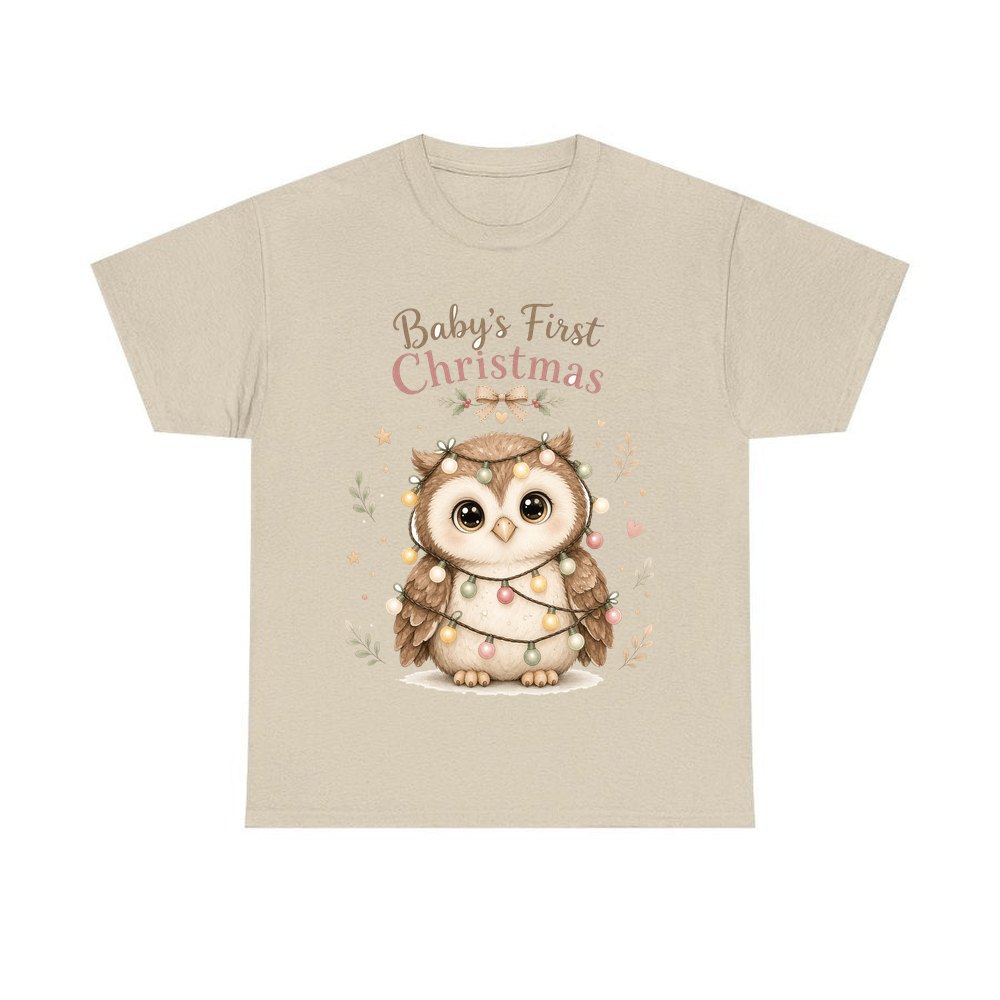 Baby Owl in Fairy Lights personalised Christmas T-shirt in sand