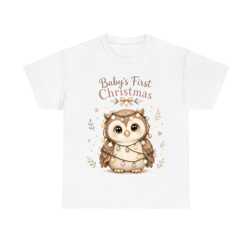 Baby Owl in Fairy Lights personalised Christmas T-shirt in white