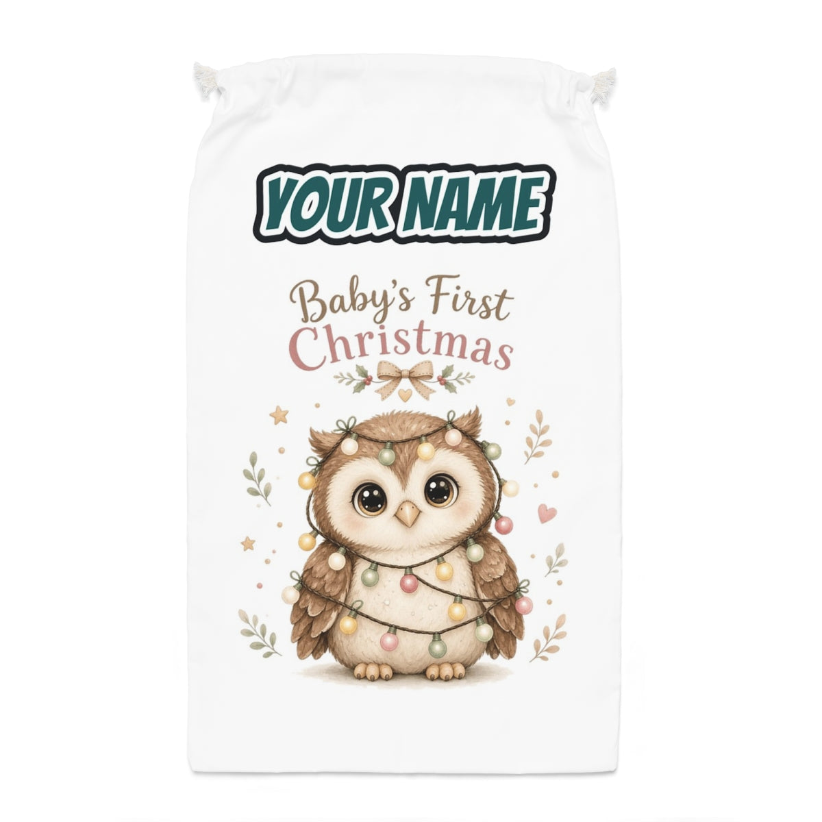 Baby Owl in Fairy Lights Santa sack laid flat, showing the full print